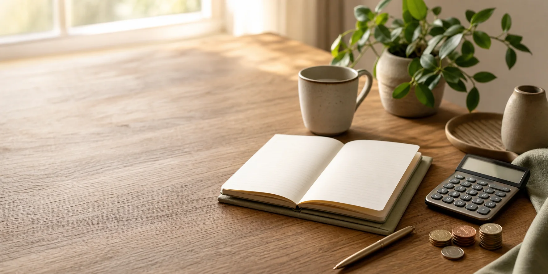 A calm workspace with an open notebook, calculator, plant, and organized coins